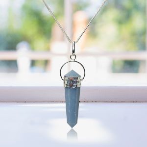 Angelite Double Terminated Pencil Pendant With Silver Polished Metal Chain