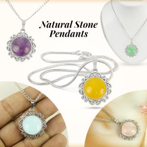 Natural Crystal Stone Round Designer Shape Pendant/Locket with Metal Chain