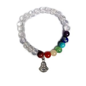 Clear Quartz  with 7 Chakra Laughing Buddha Hanging Charm Bracelet