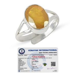 Natural Certified Pukhraj Yellow Sapphire Gemstone Ring Original Silver 925 Adjustable Ring for Women Men - 7Ct to 8 Ct Approx
