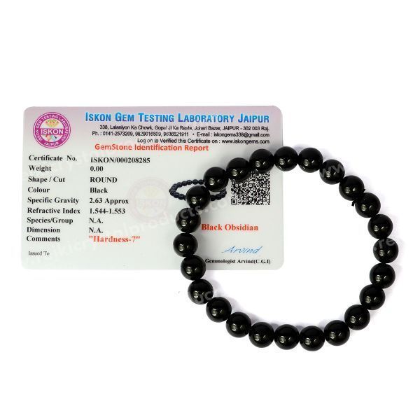 Certified Black Obsidian 8 Mm Round Bead Bracelet With Certificate