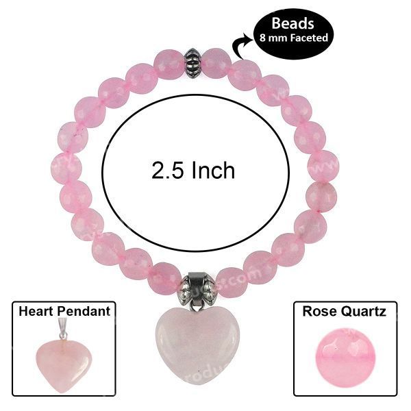 Rose Quartz Bracelet With Mini Heart Charm (8MM)